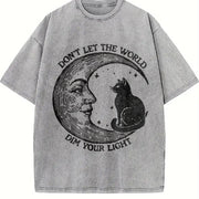 Don't Let the World Dim Your Light Moon and Cat Vintage Washed T-Shirt in Gray