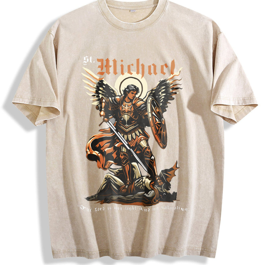 230GSM Batik - Double-Sided Christian Faith with Michael vintage washed oversized T-shirt in Beige