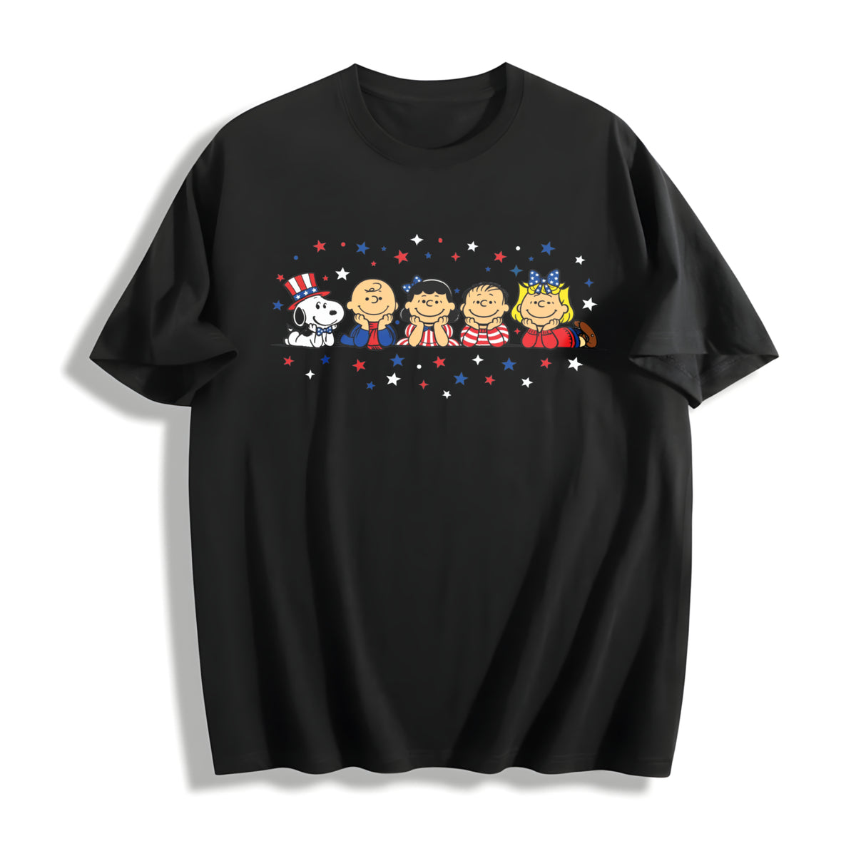 Puppy Patriotic Cartoon Friends Cotton T-Shirt in Black