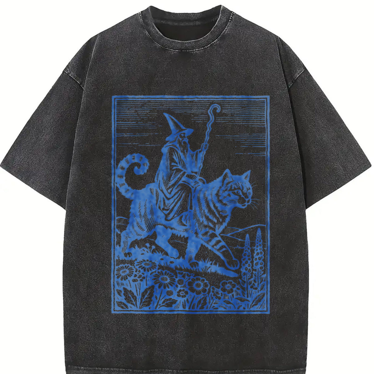 Wizard Cat Rider Retro Fantasy Vintage Washed T-Shirt in Black