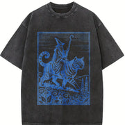 Wizard Cat Rider Retro Fantasy Vintage Washed T-Shirt in Black