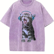 Y2K Headphones Cat Vintage Washed T-Shirt in Purple