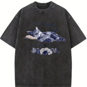 Y2k Relaxing Cat Lover Vintage Washed T-Shirt in Black