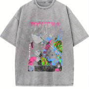 Demon Slayer Anime Tomioka Giyuu Peripheral and Y2K Loose vintage washed oversized T-shirt in Gray