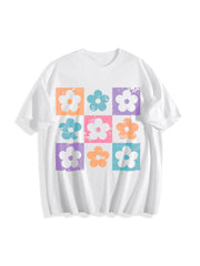 Checkered Flowers Retro Checkered Spring Cotton T-Shirt in White