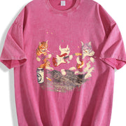 Rock Band Cats Retro Guitar Cat Vintage Washed T-Shirt in Red