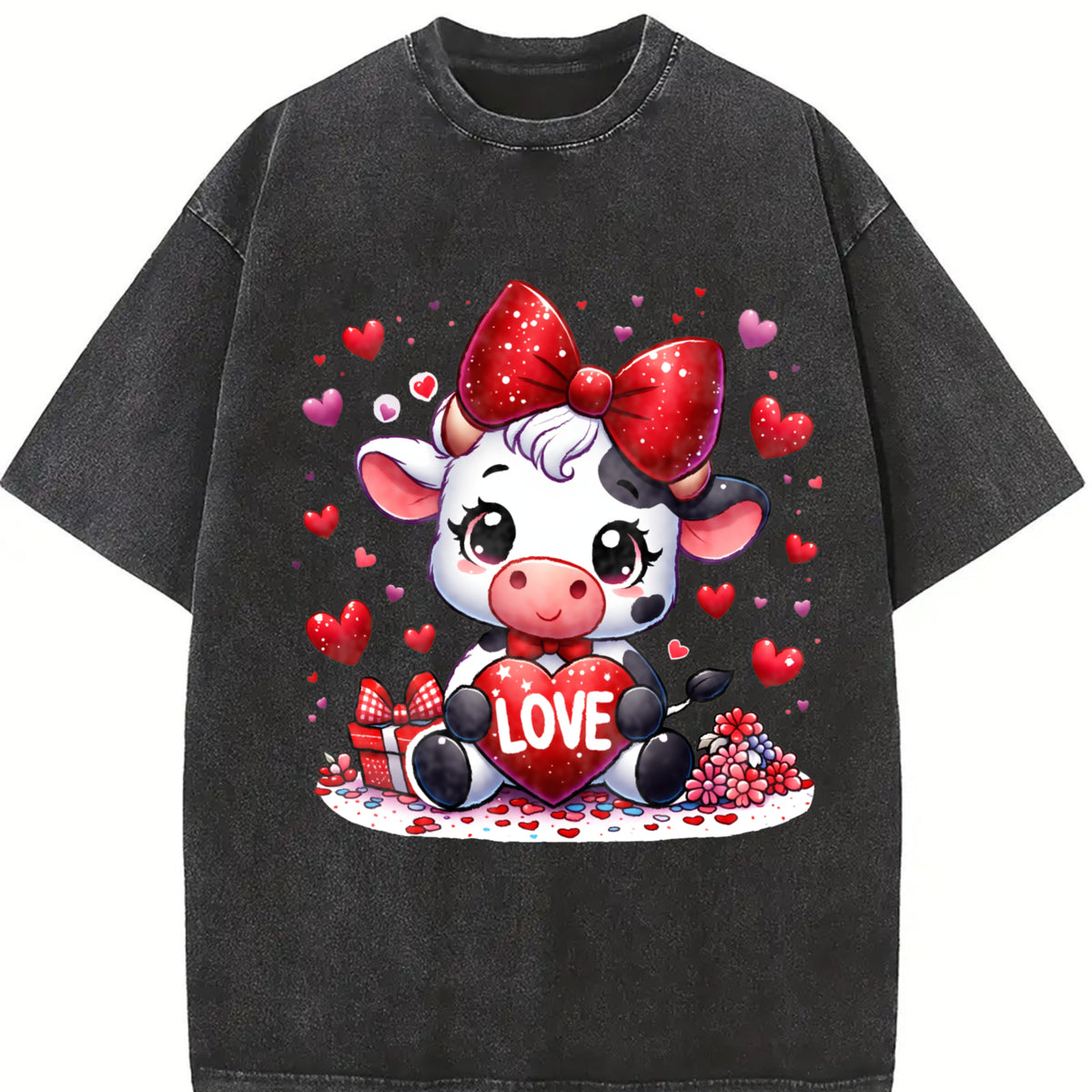 Valentine's Day Winter Cow Wearing Diamond Bow LOVE Vintage Washed T-Shirt in Black