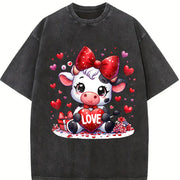 Valentine's Day Winter Cow Wearing Diamond Bow LOVE Vintage Washed T-Shirt in Black
