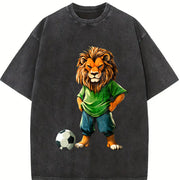 Lion Soccer Player Vintage Washed T-Shirt in Black