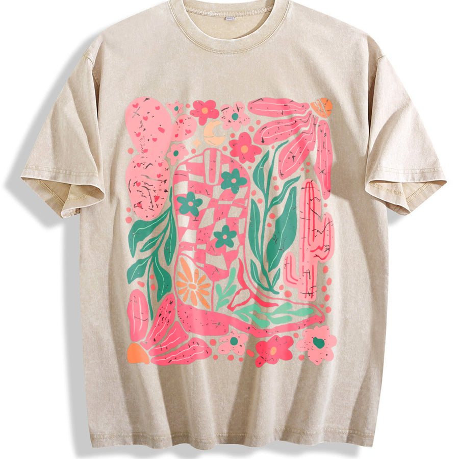 Pink Desert Cowboy Boots & Cactus vintage washed oversized T-shirt in Beige