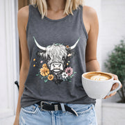 Cow with Flowers and Horns Crew-neck Sleeveless Vest Women's Color Cotton Tank Top in Gray