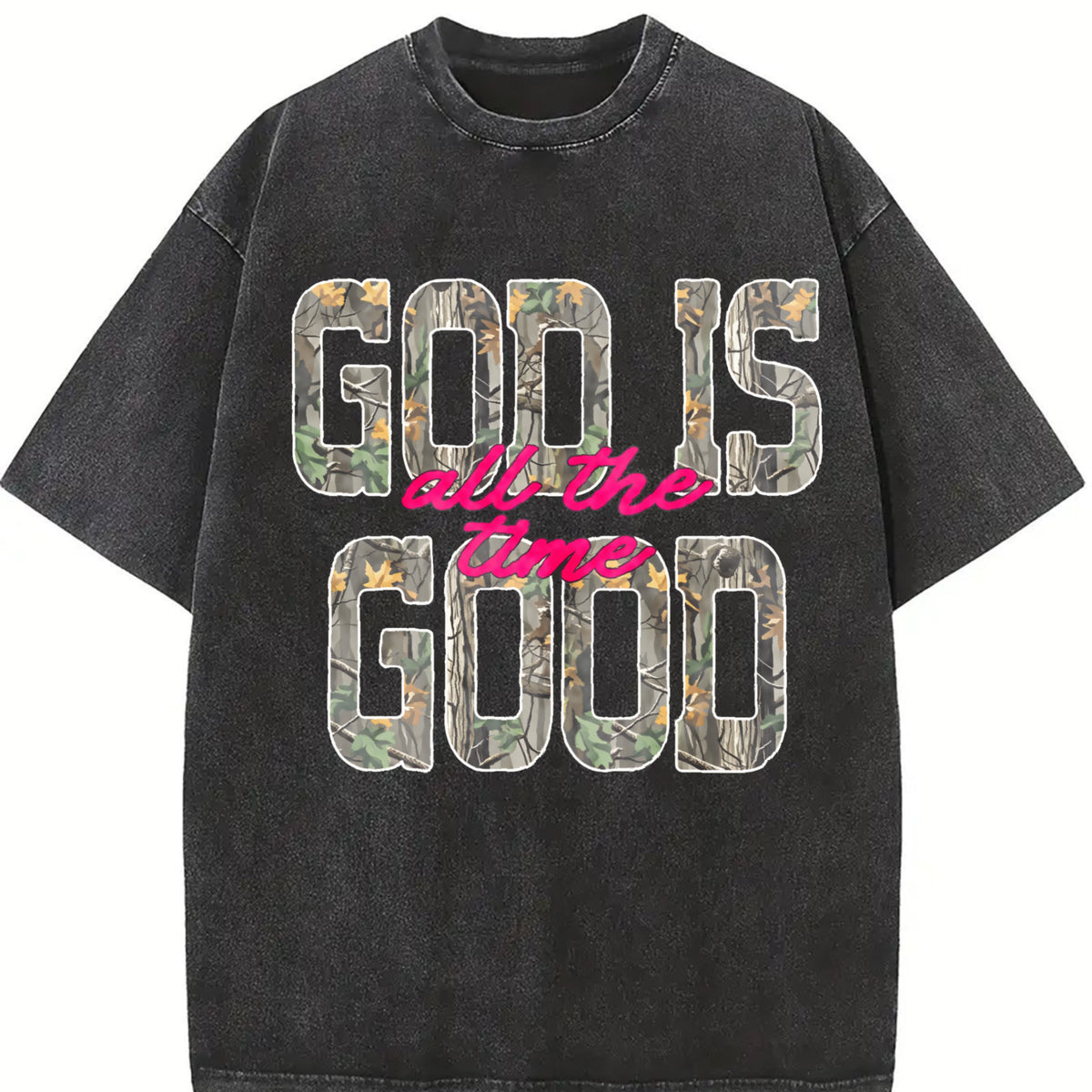 God Is Good All The Time Retro Distressed Camo Christian vintage washed oversized T-shirt in Black