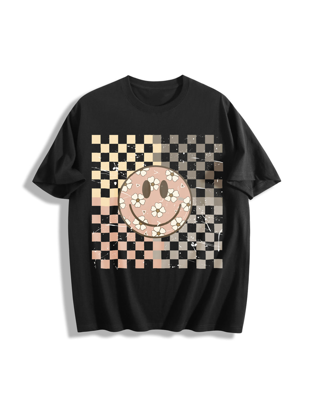 Smiling Flower Checkered Retro Cotton T-Shirt in Black