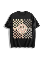 Smiling Flower Checkered Retro Cotton T-Shirt in Black
