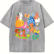 Cute Forest Animals and Mushrooms Vintage Washed T-Shirt in Gray