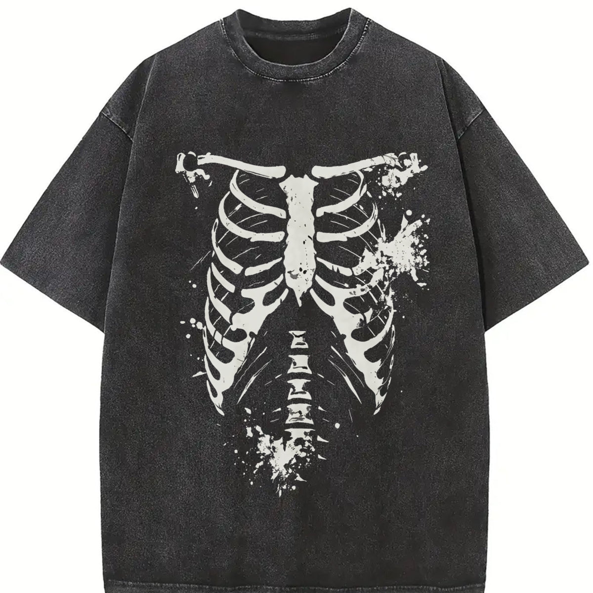 Egg Tart Direction Commuting Halloween Skull Vintage Washed T-Shirt in Black