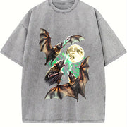 Bats Howling to Moon 90s Vintage Washed T-Shirt in Gray