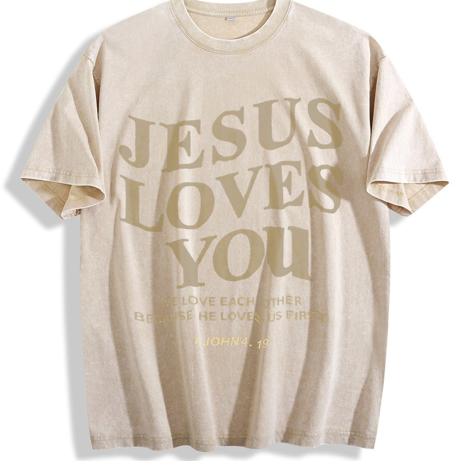 Jesus Loves You Jesus Christian Classic vintage washed oversized T-shirt in Beige