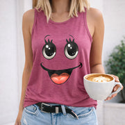 Big Eyes Smile Face Women's Color Cotton Tank Top in Red