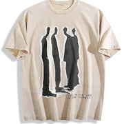 Street Atmosphere Virtual Shadow Characters Shadow Vintage Washed T-Shirt in Beige