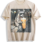 Raccoon Drinking Iced Coffee Animal Meme vintage washed oversized T-shirt in Beige