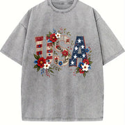 USA Flag Floral Boxy Retro Y2K Vibes or Lived-in Vintage Washed T-Shirt in Gray