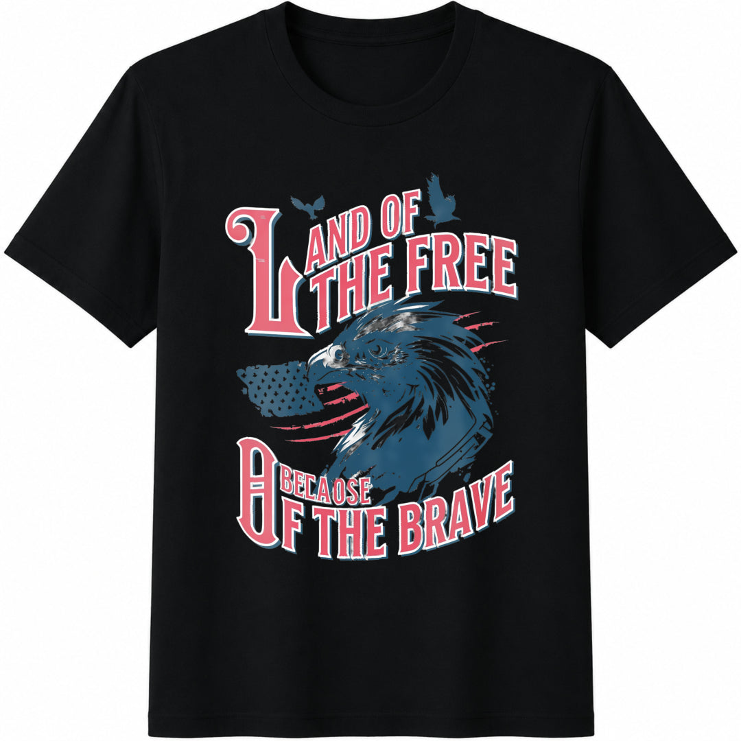 Land of the Free Because of the Brave Fourth of July Cotton T-Shirt in Black
