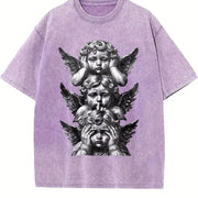 Gothic Three Wise Monkeys Angel Statue Sleeveless Tank Vintage Washed T-Shirt in Purple