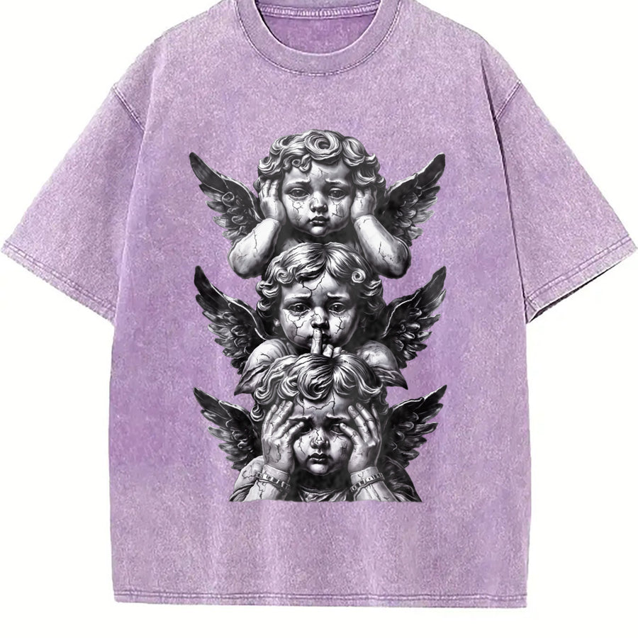 Gothic Three Wise Monkeys Angel Statue Sleeveless Tank Vintage Washed T-Shirt in Purple