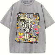 GOOD ENERGY IS CONTAGIOUS Retro Distressed Double-Sided vintage washed oversized T-shirt in Gray