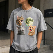 Three Cats Retro Moon Vintage Washed T-Shirt in Gray