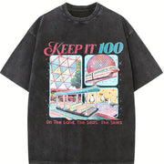 Retro Keep It 100 The Land The Seas The Skies Family Trip vintage washed oversized T-shirt in Black