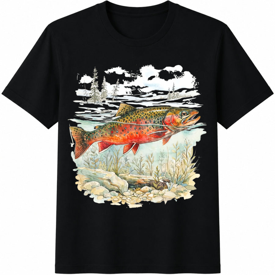 Trout Fist Landscape Cotton T-Shirt in Black