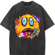 American Street Graffiti Melted Hip-hop Quirky Expression Vintage Washed T-Shirt in Black