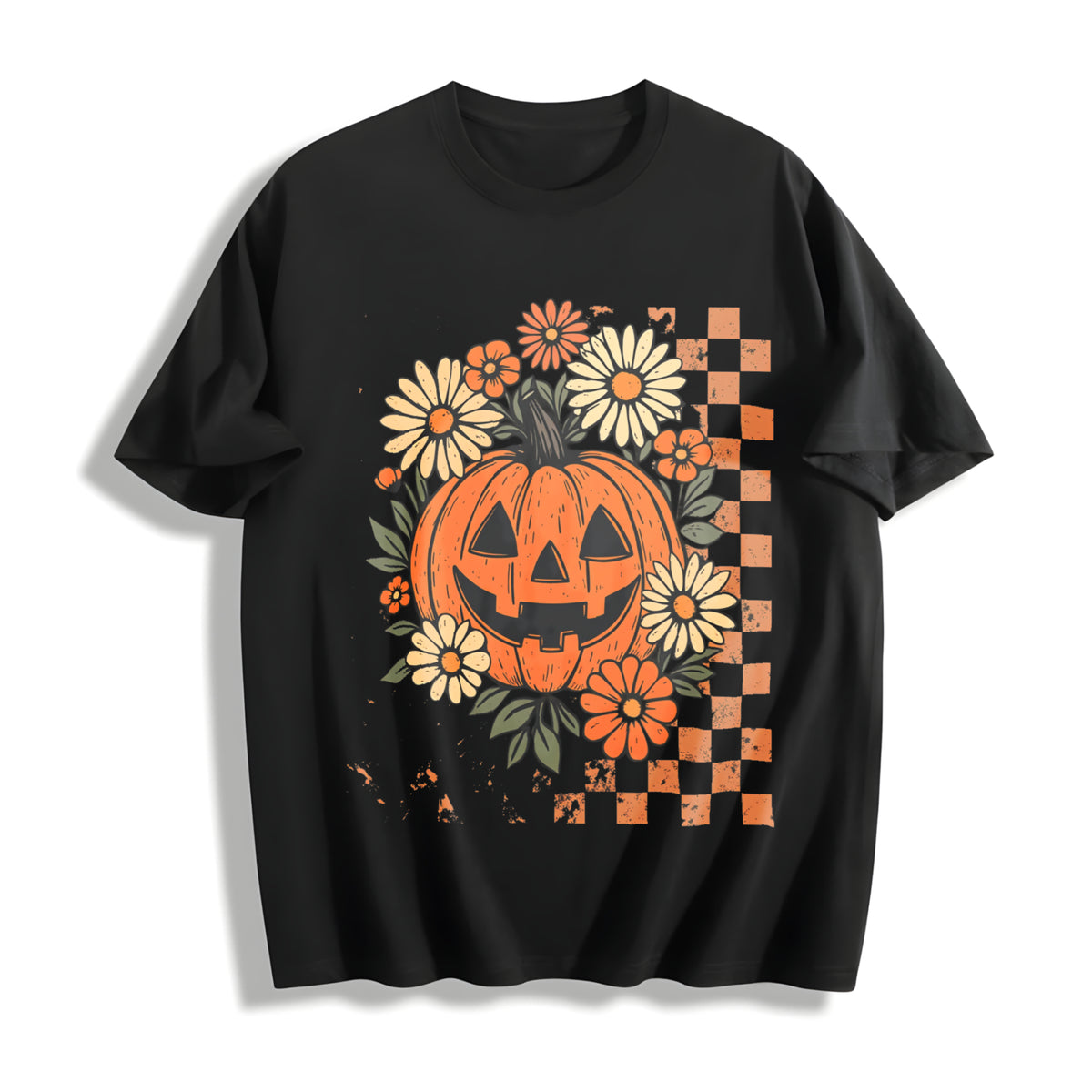 Retro Floral Pumpkin Cotton T-Shirt in Black