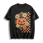 Retro Floral Pumpkin Cotton T-Shirt in Black