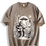 Bigfoot Playing Guitar with Alien and UFO 90s Vintage Washed T-Shirt in Brown
