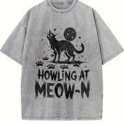 Cat Howling at Meow-n Vintage Washed T-Shirt in Gray