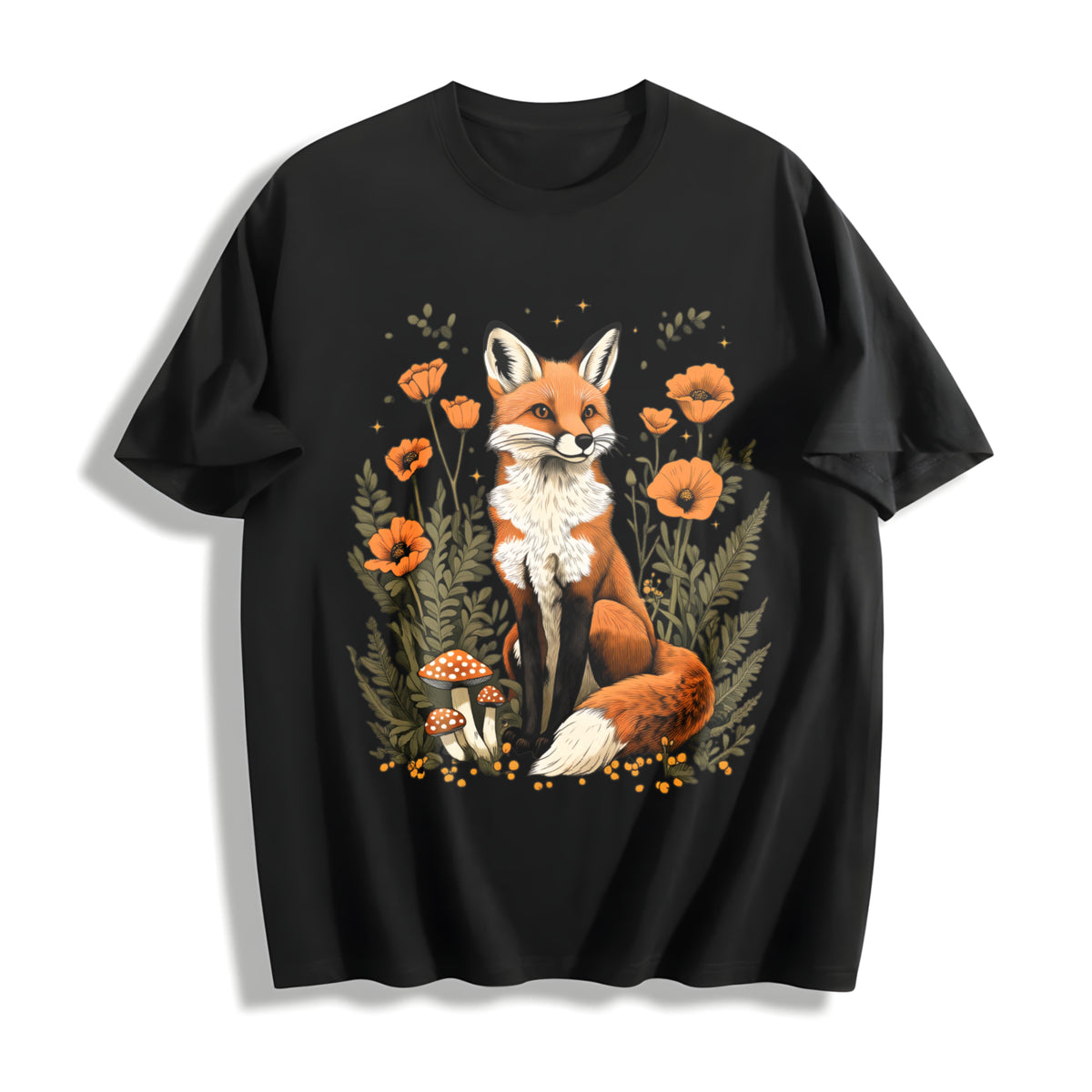 Plant and Animal Fox Floral Spotted Mushroom 1pc Cotton T-Shirt in Black