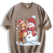 Christmas Autumn Snowman Reindeer Fashionable Elegant Vintage Washed T-Shirt in Brown