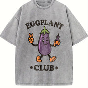 Eggplant Club Veggie Lover Retro Cartoon Vintage Washed T-Shirt in Gray