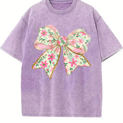 Elegant Bow Batik Retro Brand Vintage Washed T-Shirt in Purple