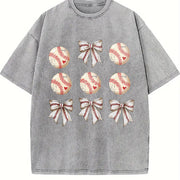 Coquette Baseball Mom Basebal Lover vintage washed oversized T-shirt in Gray