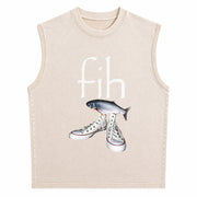 Fih Shoes Fish Misspelled Fish Meme Fih Calling Humor Vintage Washed Tank Top in Beige