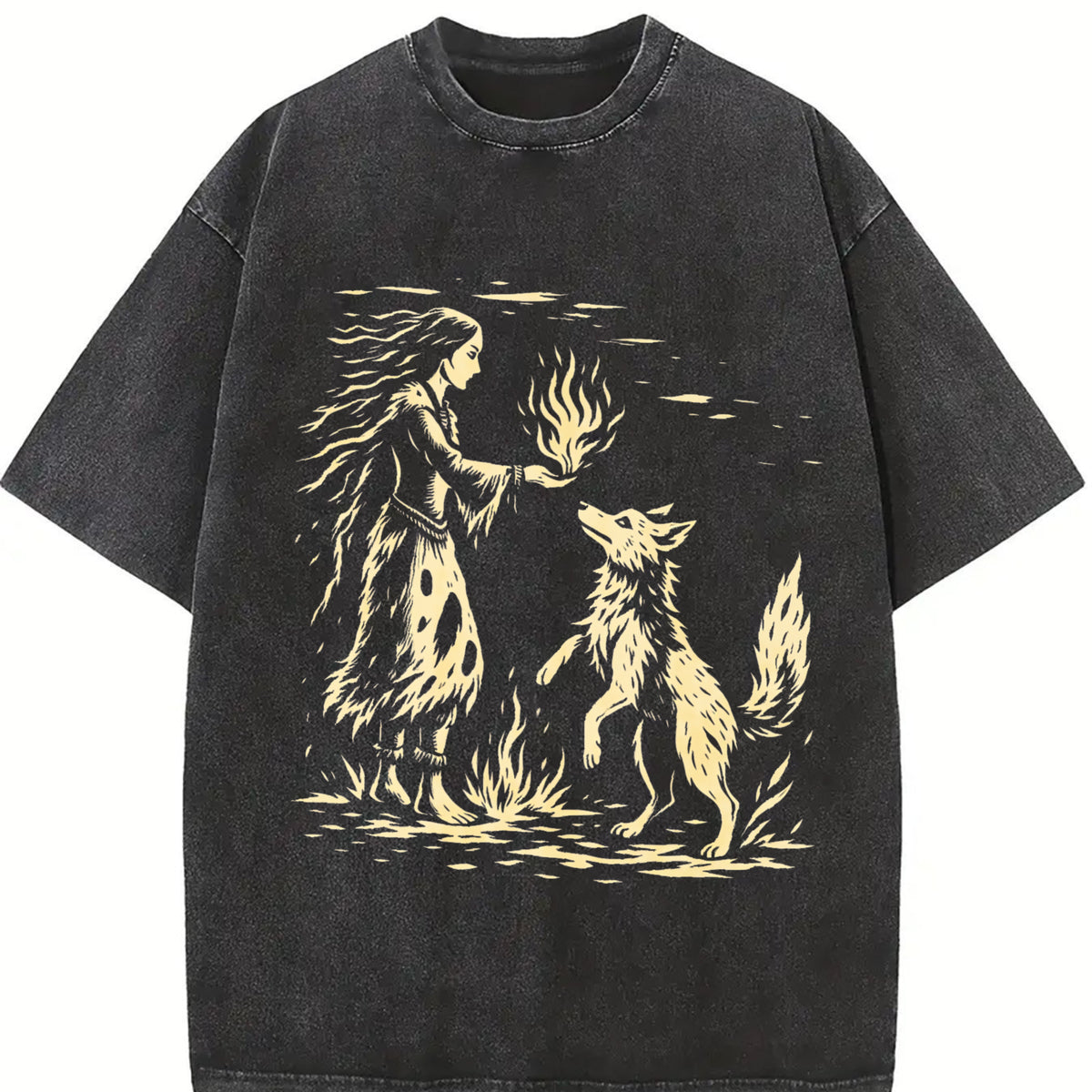 American Native Wolf ® Vintage Washed T-Shirt in Black