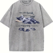 Y2k Relaxing Cat Lover Vintage Washed T-Shirt in Gray