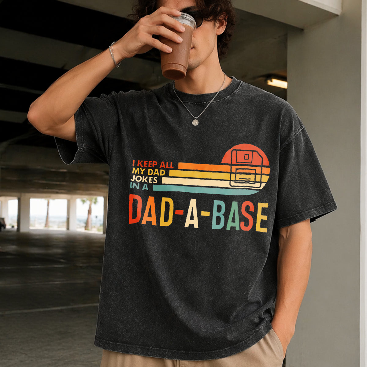I Keep All My Dad Jokes in a Dad-a-base Vintage Washed T-Shirt in Black
