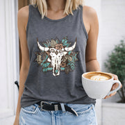 Bull Skull Floral Crew-neck Sleeveless Vest Outdoor Women's Color Cotton Tank Top in Gray
