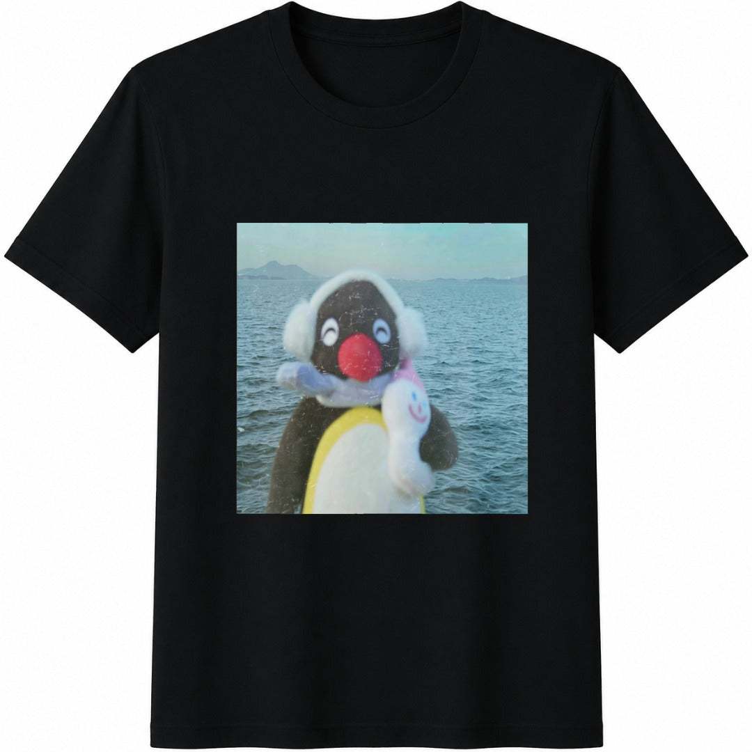 Pingu Penguin at the Beach Cotton T-Shirt in Black