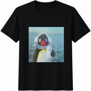 Pingu Penguin at the Beach Cotton T-Shirt in Black